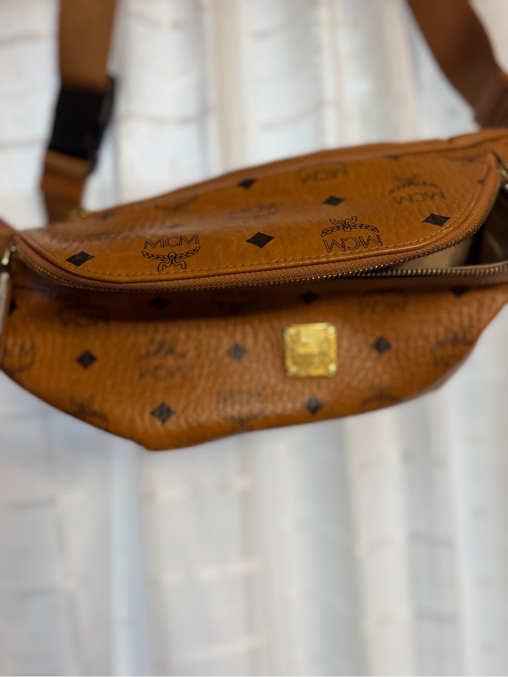 MCM Cognac Visetos Monogram Waist Bag with Gold Logo